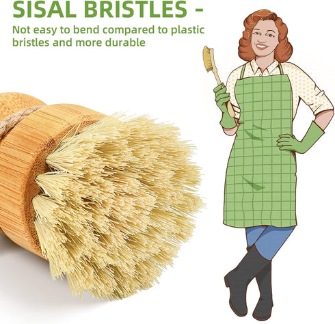 Bamboo Dish Scrub Brushes by Subekyu, Set of 3 Kitchen Wooden Cleaning Scrubbers for Cast Iron Pan/Pot