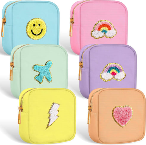Zubebe 6 Pcs Preppy Patch Cute Makeup Bags - Toiletry Bags for Travel, Chenille Letter Nylon Cosmetic Pouch