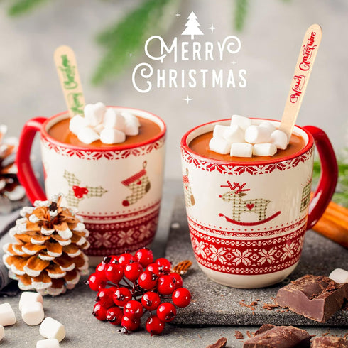 100 Pack Christmas Disposable Wooden Spoons Merry Christmas Pattern Spoons Candy Cane Merry Christmas Wooden Tasting Spoons for Cake Hot Chocolate Coffee Ice Cream, 5.5" (Red, Green, Merry Style)