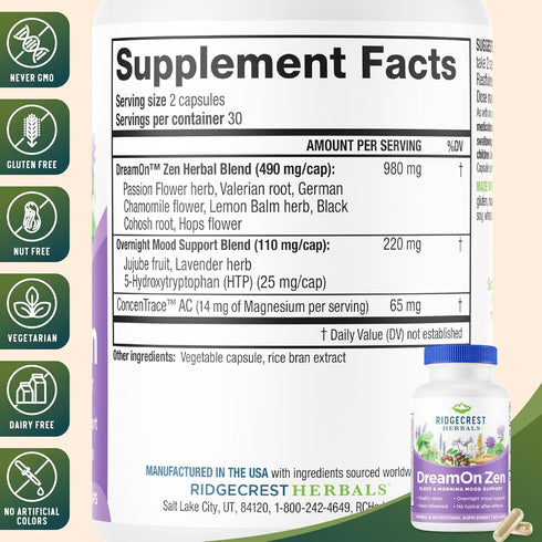 Ridgecrest Herbals DreamOn Zen Sleep Support Supplement, Melatonin Free, 60 Caps for Adults and Children 12+