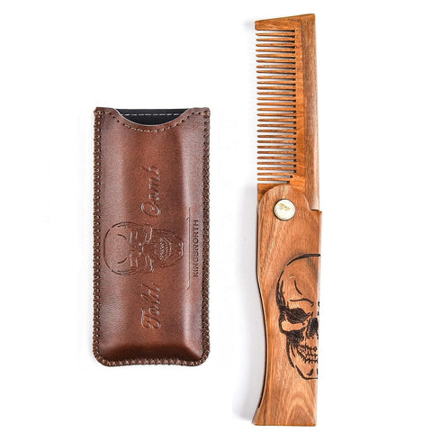 Men's Pocket Folding Wooden Beard Comb Set with Leather Travel Case, Green Sandalwood Hair Combs (Skeleton)