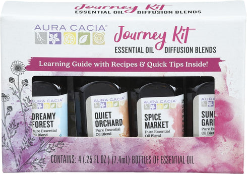 Aura Cacia Journey Essential Diffusion Oils Kit, 4-Pack - Spice Market, Dreamy Forest, Quiet Orchard & Sunny Garden