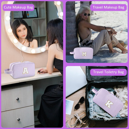 Personalized A-Z Initial Makeup Bag, Monogram Travel Toiletry Bag, Cute Cosmetic Pouch for Women Teen Girls (Purple, A)