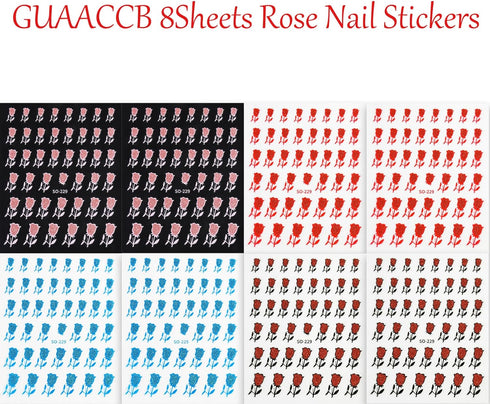 Rose Nail Stickers 8 Sheets Glitter Shiny Black Red Blue Pink Flower Design Self-Adhesive Nail Decoration