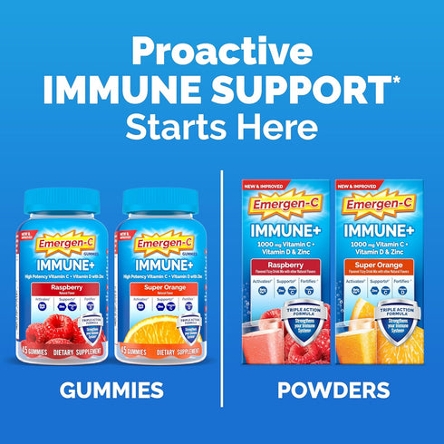Emergen-C Immune+ Gummies, Vitamin D Plus 750 mg Vitamin C, Immune Support Dietary Supplement, Raspberry Flavor - 45