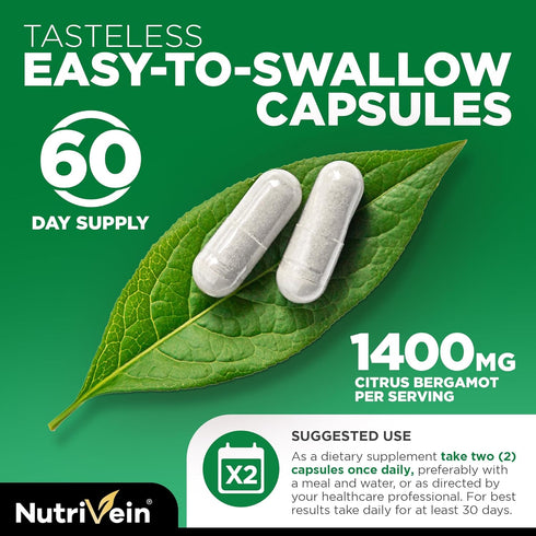 Nutrivein Organic Citrus Bergamot 25:1, 1400 mg, 120 Capsules, Heart Health in Men and Women, 60 Day Supply