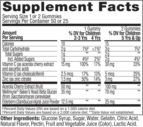 Immunity Gummy, Immune 50 Count OLLY Kids Support, Wellmune, Elderberry, Vitamin C, Zinc, Chewable Supplement, Cherry