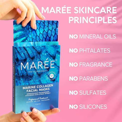 MAREE Facial Masks with Marine Collagen & Hyaluronic Acid - Moisturizing Sheet Masks with Green & Red Algae Extract, 6