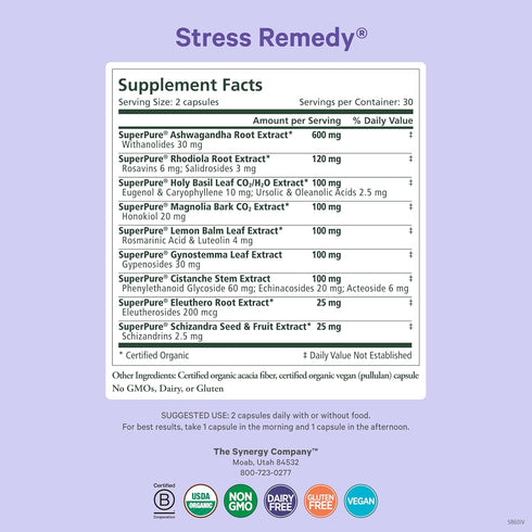 PURE SYNERGY Stress Remedy Supplement with Ashwagandha | Organic Adaptogen Support from Rhodiola, Lemon Balm, 60