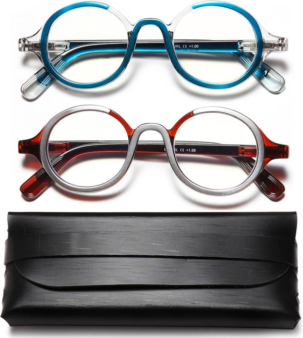 Retro Round Reading Glasses for Men and Women - Stylish Color Frame Design, Blue Light Blocking, Spring Hinges, Anti