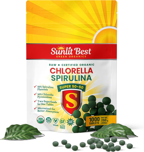 Sunlit Super 50/50 Organic Chlorella Spirulina Tablets, Super Greens Supplement for Immune Support, 1000 Superfood Tabs