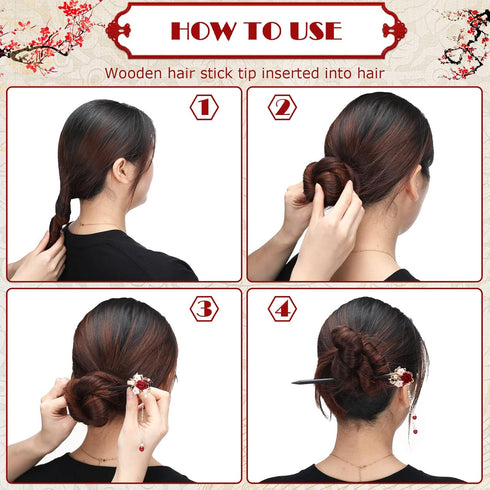 WILLBOND 6 Pcs Chinese Hair Chopsticks for Women, Wooden Hair Accessories with Retro Floral Design, Handmade Hair Pins