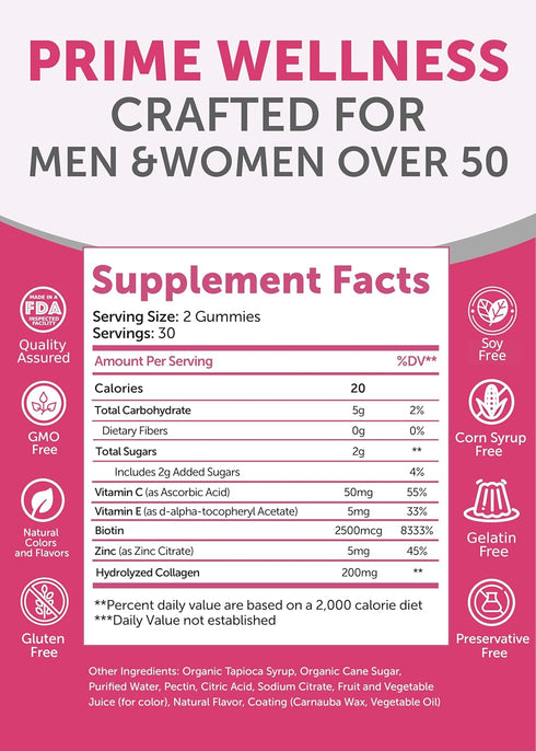 Lunakai Collagen Gummies with Biotin for Men & Women Over 50 - 60ct Anti-Aging Formula with Zinc, Vitamin C & E