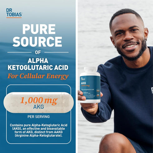 Dr. Tobias AKG Supplement 1000mg, Bioavailable Alpha Ketoglutaric Acid, 180 Capsules, Vegan, Gluten-Free
