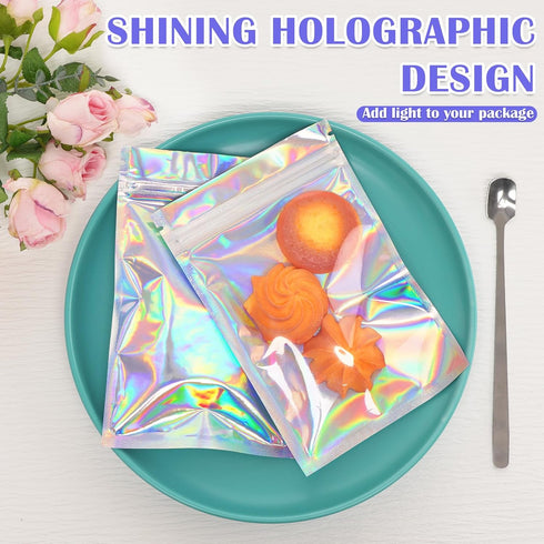 100 Pcs Mylar Bags, Holographic Smell Proof Bags with Clear Window, Resealable Bags for Small Business, Gift