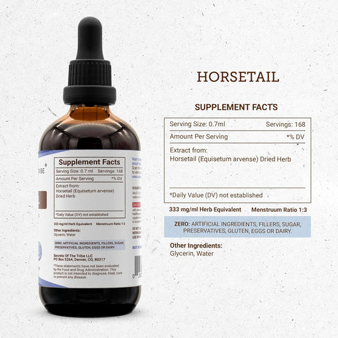 Horsetail Horsetail (Equisetum 4 OZ Secrets of the Tribe Tincture Alcohol-Free Extract, arvense) Dried Herb