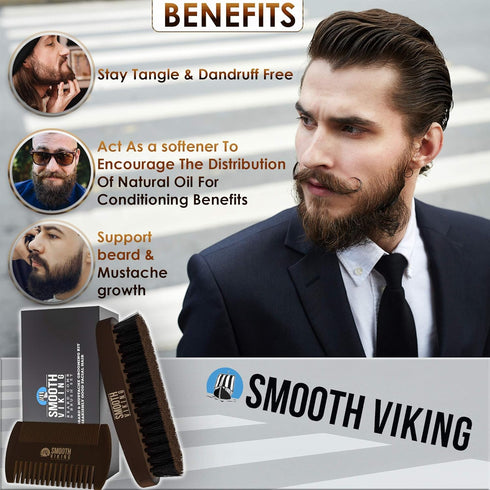 Smooth Viking Beard Brush & Comb Gift Set for Men, Natural Boar Bristle Hair Brush & Wooden Comb for Grooming & Beard