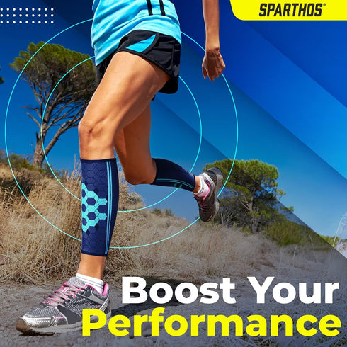 Sparthos Calf Compression Sleeves (Pair), Leg Compression Socks for Men and Women, Shin Splint Pain Relief (Blue-L)