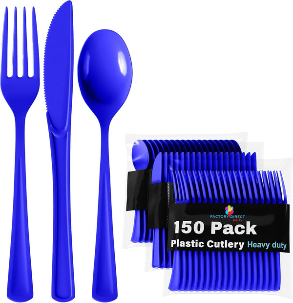 150 Pack Heavy Duty Dark Blue Plastic Cutlery Set, 50 Forks, 50 Spoons, 50 Knives for Party Supplies