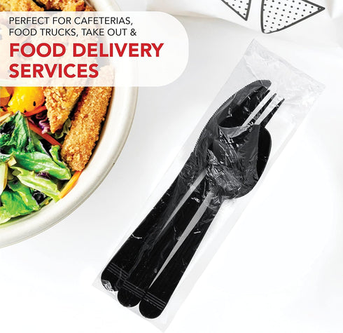 Party Essentials Individually Wrapped Black Plastic Cutlery Pack, Heavy Duty Silverware Kits, 50 Sets of Forks, Spoons,