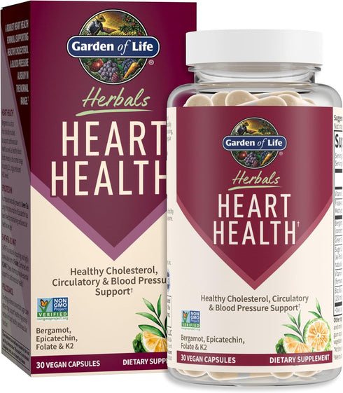 Garden of Life Herbals Heart Health Supplement with Folate, Bergamot, Green Tea & Vitamin E & K (30 Servings)