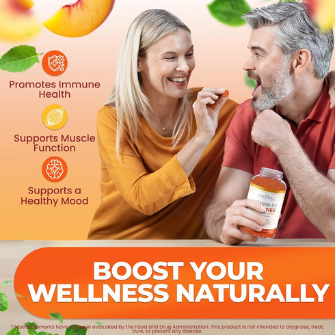 Sugar Free Vitamin D3 K2 Gummies - 5000 IU D3 + 80 mcg K2, Gluten-Free, Non-GMO, Natural Peach Flavor