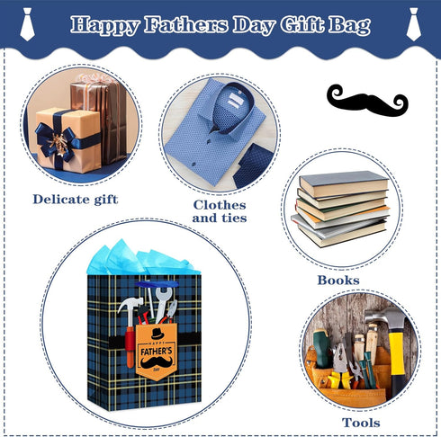 WaaHome Large Fathers Day Gift Bag with Handle 13''x10.5''x5.8'' and Tissue Paper for Dad, Daddy, Grandpa