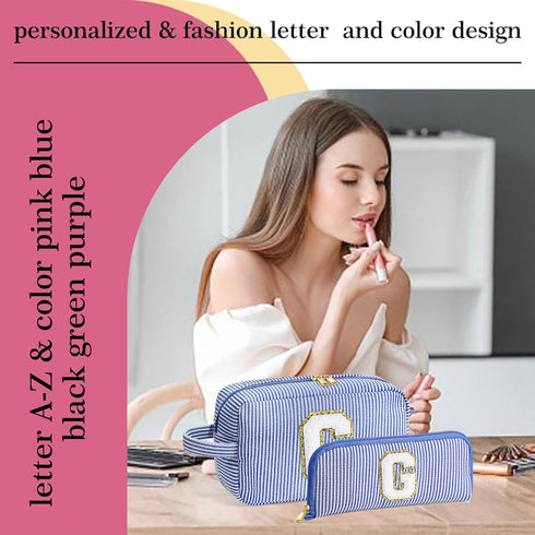 Makeup Bag for Women, Monogram Cute Initial Blue Cosmetic Toiletry Pouch, Personalized Birthday Gifts