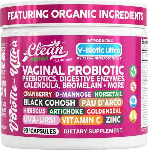 Clean Nutra Vaginal Probiotics for Women + Prebiotics Digestive Enzymes Bromelain Cranberry