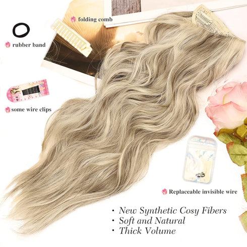 MORICA Invisible Wire Hair Extensions - 20 Inch Halo Long Wavy Synthetic Hairpiece for Women (Ash Blonde Mixed Light