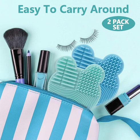 TailaiMei 2 Pack Makeup Brush Cleaning Mat with Color Removal Sponge, 2 in 1 Silicone Cleaner Pad, Blue & Green