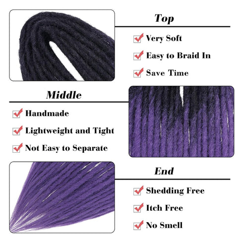 Leeven 24 Inch Synthetic Double Ended Dreadlock Extensions, Black to Purple Thin DE Dreads, 10 Strands Handmade for