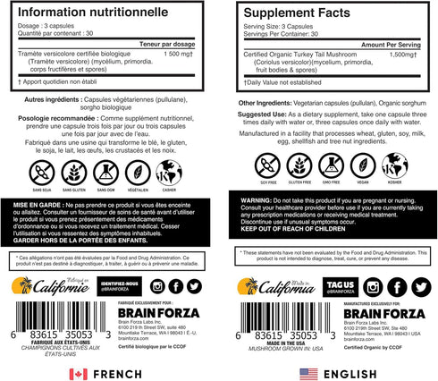 Brain Forza Organic Turkey Tail Mushroom Capsules, 90 Capsules, Immune Support