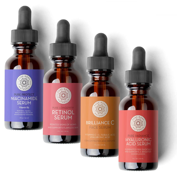 Pure Body Naturals Facial Serum - Hyaluronic Acid, Retinol, Vitamin C, and Vitamin B3 Serum Gift Set for Women