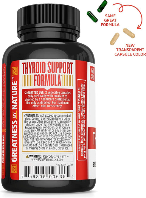 Zhou Thyroid Support Complex with Iodine, Energy & Brain Fog Support with Vitamin B12, 60 Capsules, Gluten-Free
