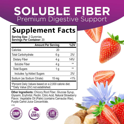 Fiber Supplement Gummies for Digestive Health & Regularity Support, Fiber 4g Gummy for Adults, Daily Prebiotic Supplements, Natural Prebiotic Fiber Gummy, Plant Based, Strawberry Flavored - 60 Gummies
