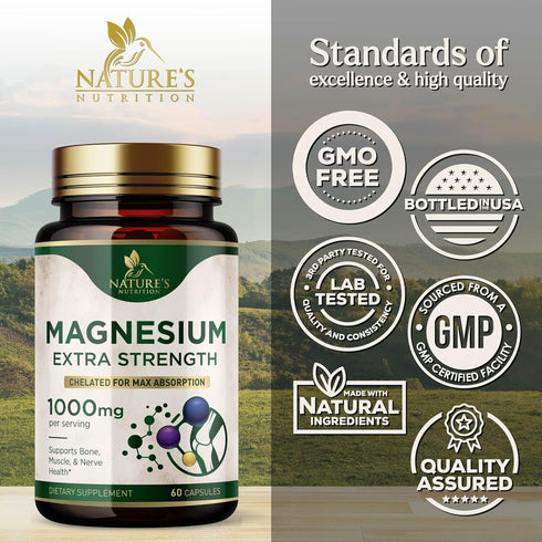 Magnesium Pills Extra Strength 1000mg | 60 Capsules | Chelated for Ultra Absorption | Non-GMO Supplement for Bone,