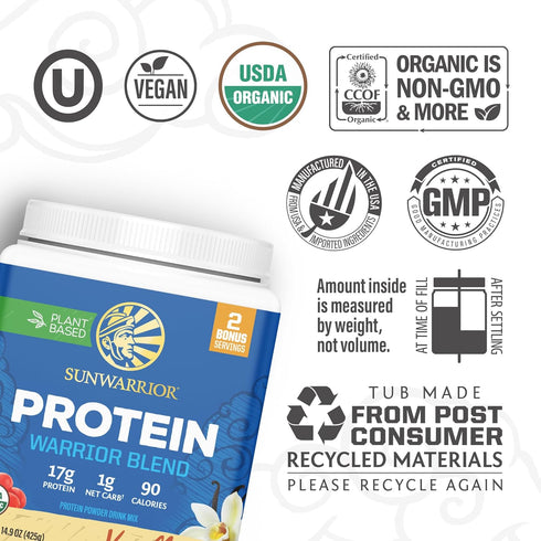 Sunwarrior Vegan Organic Protein Powder, Plant-Based BCAA Amino Acids, Vanilla, 17 Servings, Non-GMO