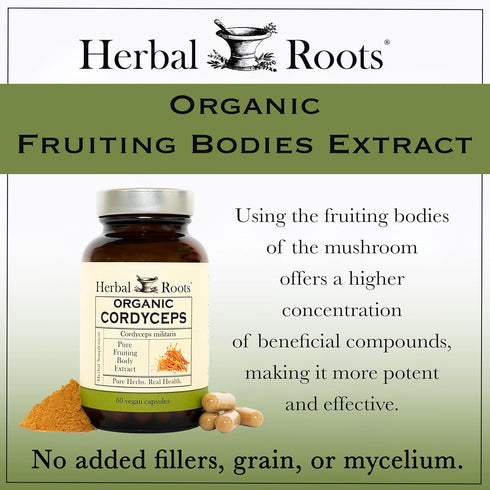 Immune 60 Herbal Roots Organic Cordyceps - Fruiting Body Extract Mushroom Capsules - & Energy Support - Vegan Capsules