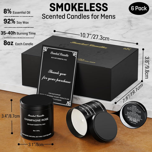 HOMAMAMOON 6 Pack Set, 8oz Scented Candles for Men - Masculine Scented Candles Natural Soy Wax Candles with Essential