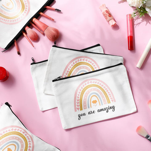 Chunful 10 Pieces Inspirational Canvas Makeup Bags for Women, Rainbow Cosmetic Bags with Zipper, Travel Toiletry Pouch