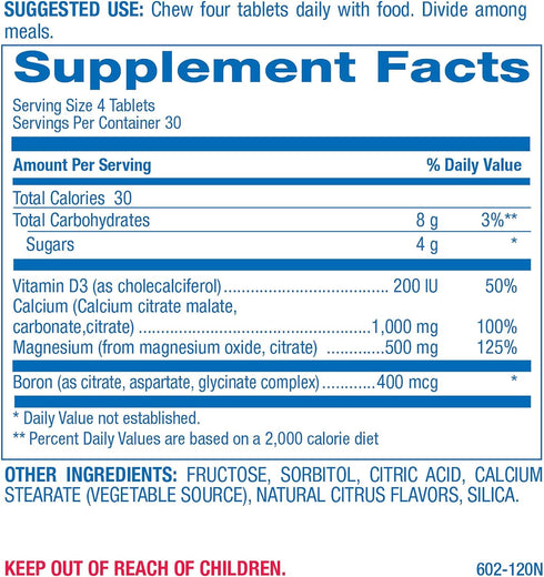Chewable Calcium Supplement 1000mg - 120 Vegetarian Tablets with Vitamin D, Magnesium, Boron - Citrus Flavor