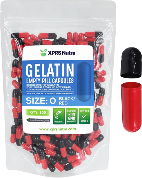 XPRS Nutra Size 0 Empty Capsules, 100 Count Gelatin Capsules for DIY Supplement Filling (Black/Red)