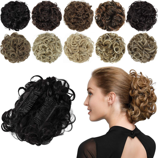 Rose Bud Chignon Hairpiece, Curly Bun Extensions Scrunchie Updo Synthetic Combs for Women, Off Black Natural