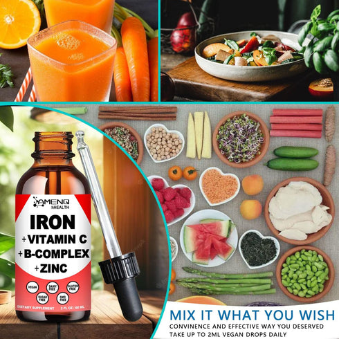 Liquid Iron Supplement w/Vitamin C, A, B-Complex, Vegan Iron Drops High Potency Liquid Vitamin & Iron Supplements
