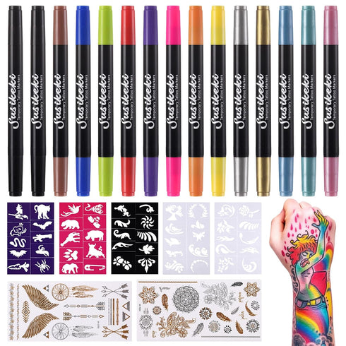 Temporary Tattoo Markers for Skin, 15PCS Dual-Ended Tattoo Pen + 50 Paint Stencils + 43 Tattoos Stickers