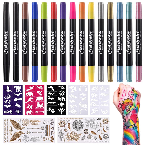 Temporary Tattoo Markers for Skin, 15PCS Dual-Ended Tattoo Pen + 50 Paint Stencils + 43 Tattoos Stickers