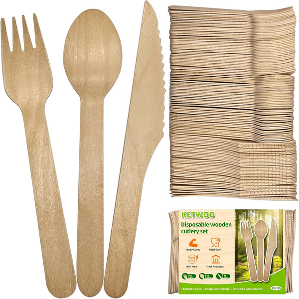 KETWOD 120-Piece Natural Wooden Cutlery Set: 40 Forks, 40 Knives, 40 Spoons, 100%
