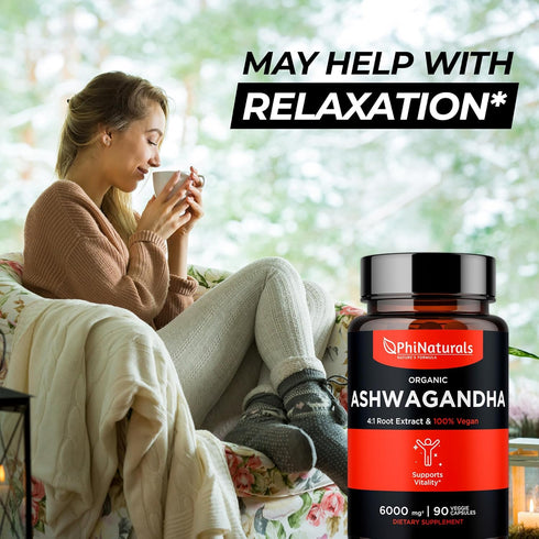 PhiNaturals Organic Ashwagandha Root Extract in Vegan Capsules, 6000 Mg Root Equivalent, 1500 Mg Per Serving, 30