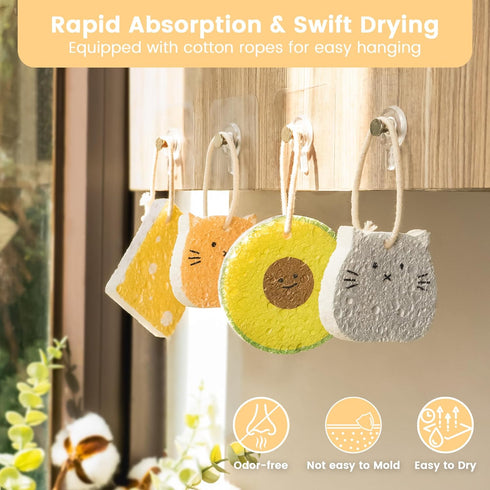 Cellulose Compressed Eco-Sponge 5 Pack, Avocado Sandwich Set, Plastic-Free & All-Natural Wood Pulp for Cleaning
